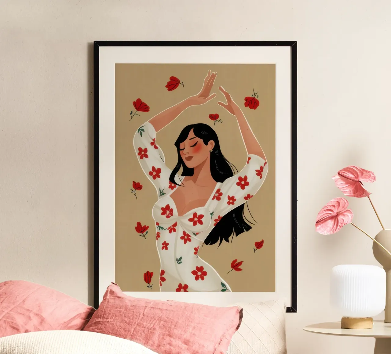 Danzare con le rose poster con telaio in legno da Lune Dreams