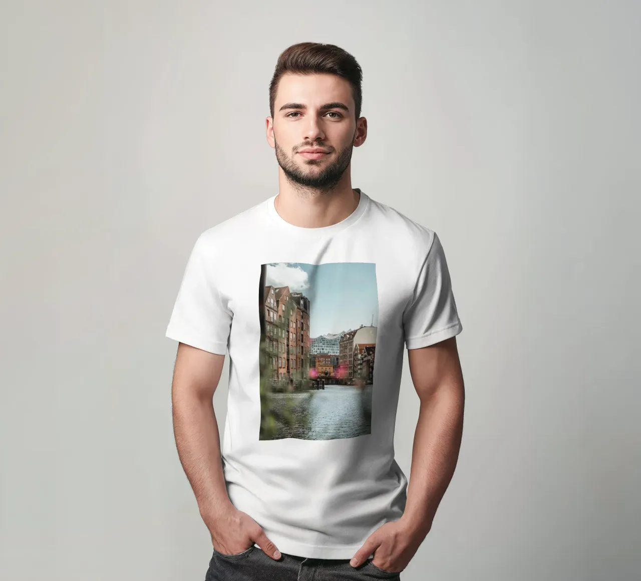 Hamburg - View of the Elbphilharmonie from Speicherstadt t-shirt by Bold and Retro