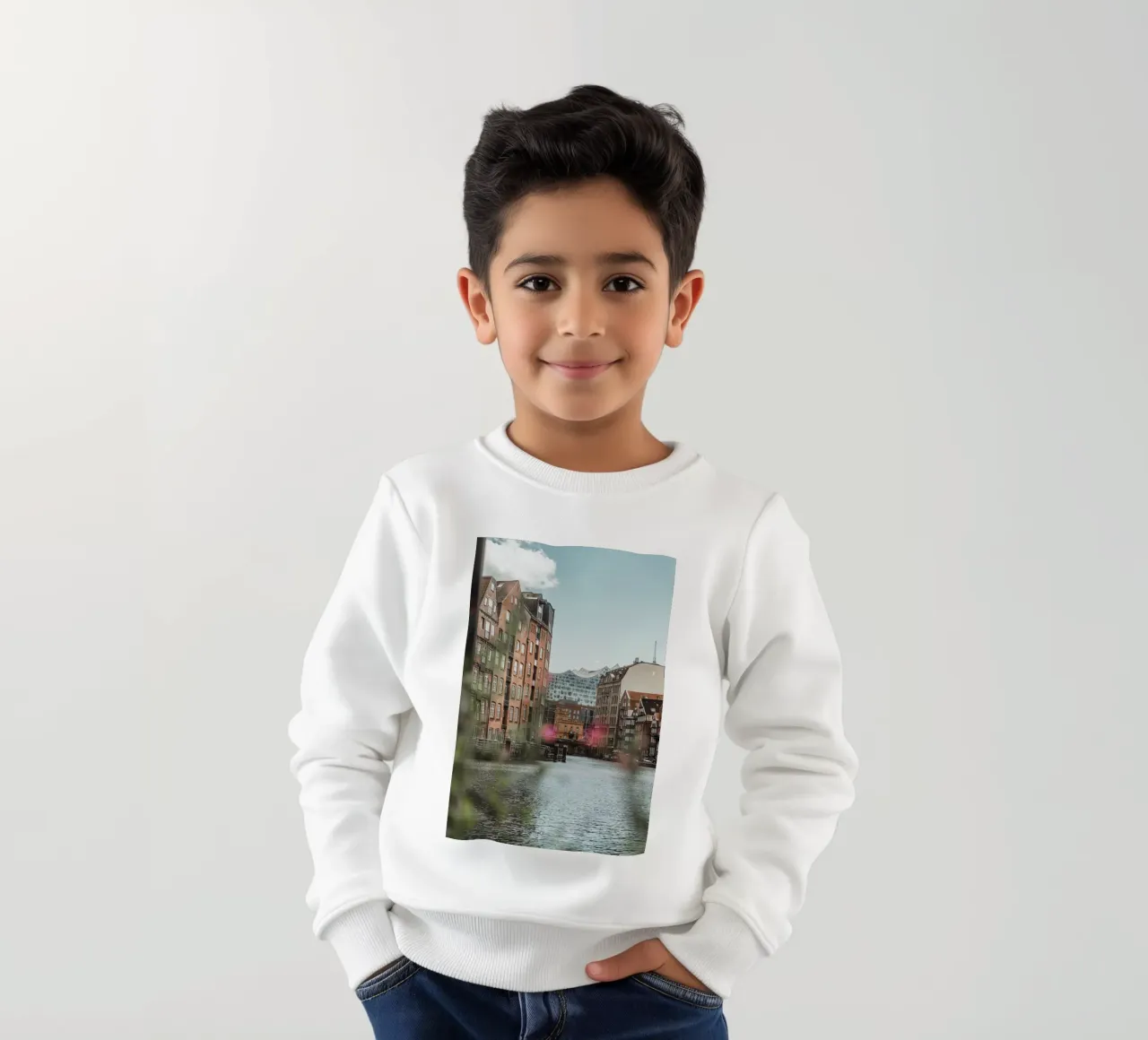 Hamburg - View of the Elbphilharmonie from Speicherstadt kids sweatshirt by Bold and Retro