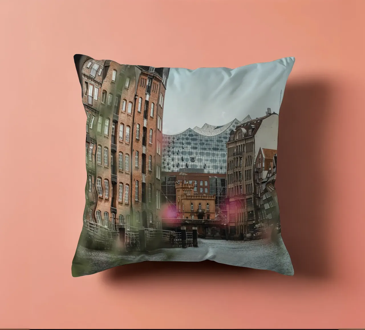 Hamburg - View of the Elbphilharmonie from Speicherstadt decorative cushion by Bold and Retro