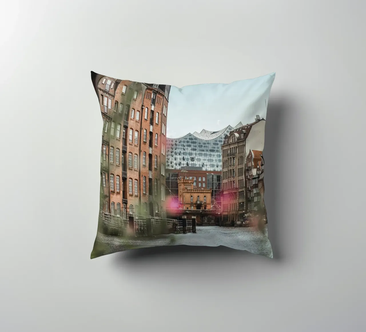 Hamburg - View of the Elbphilharmonie from Speicherstadt decorative cushion by Bold and Retro