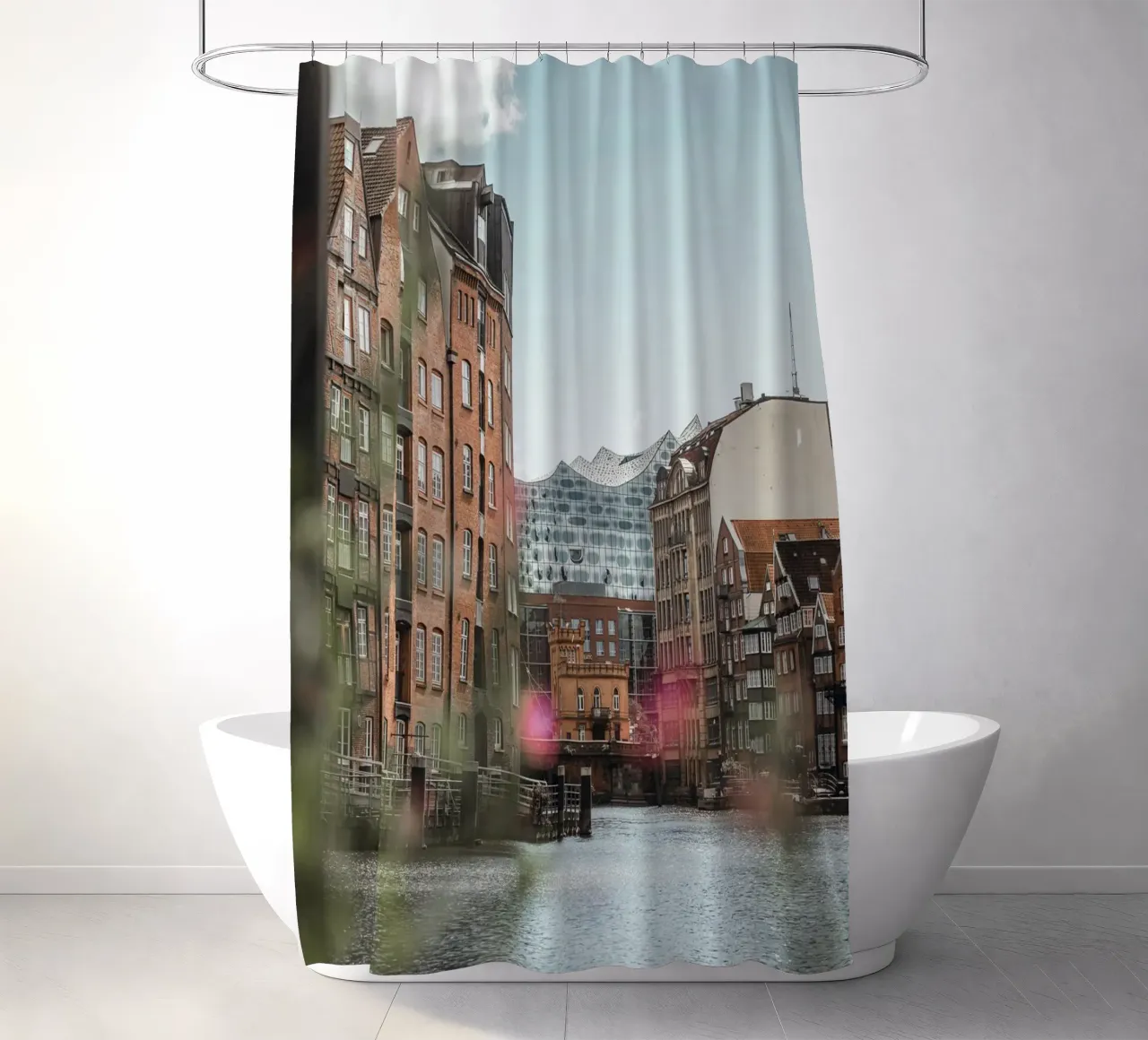 Hamburg - View of the Elbphilharmonie from Speicherstadt shower curtain by Bold and Retro