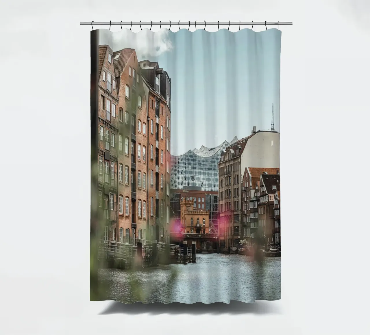 Hamburg - View of the Elbphilharmonie from Speicherstadt shower curtain by Bold and Retro