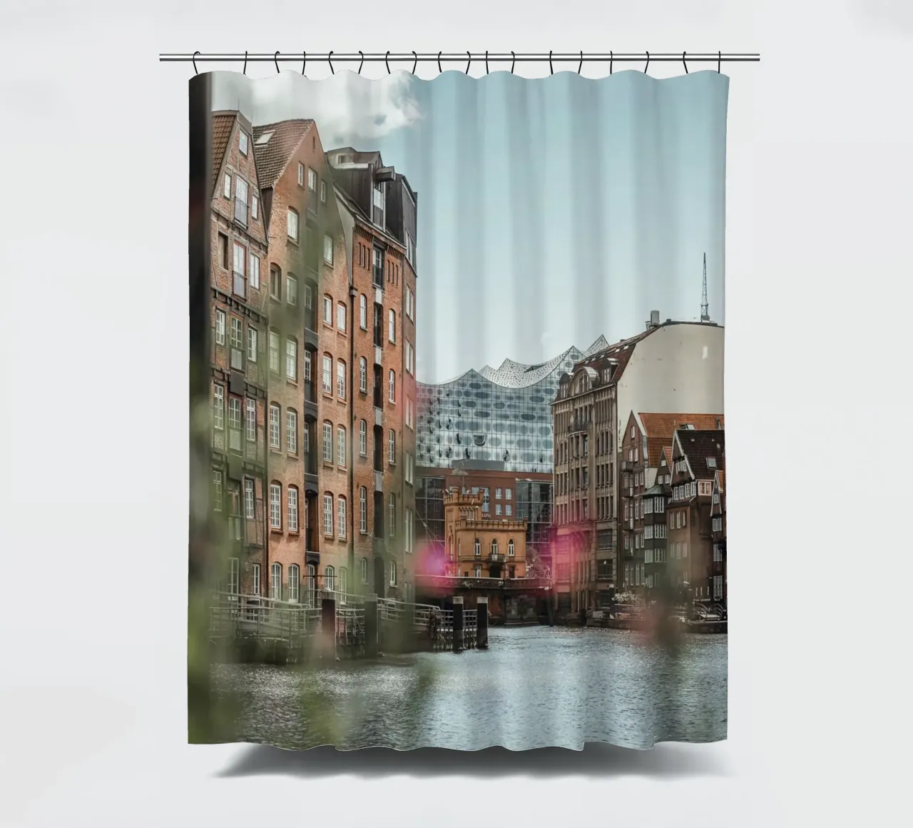 Hamburg - View of the Elbphilharmonie from Speicherstadt shower curtain by Bold and Retro
