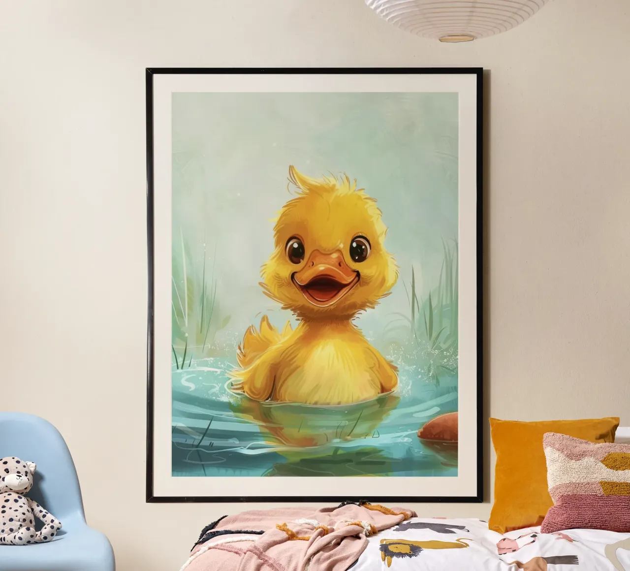 Anatra nuotatrice felice poster con telaio in legno da DesignDoodle