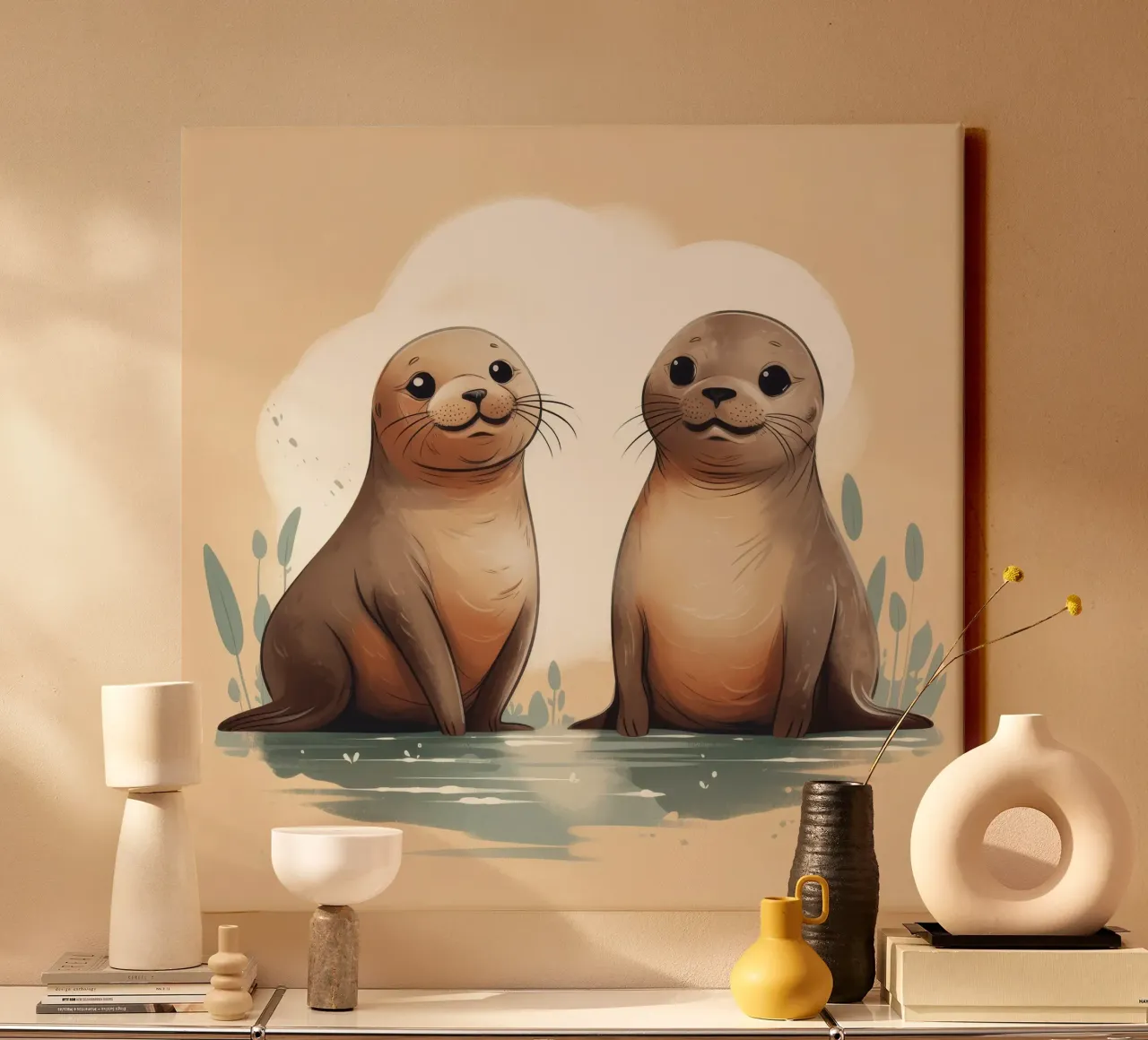Retro Seal Duo tela con Cornice a cassetta da Funny Animals