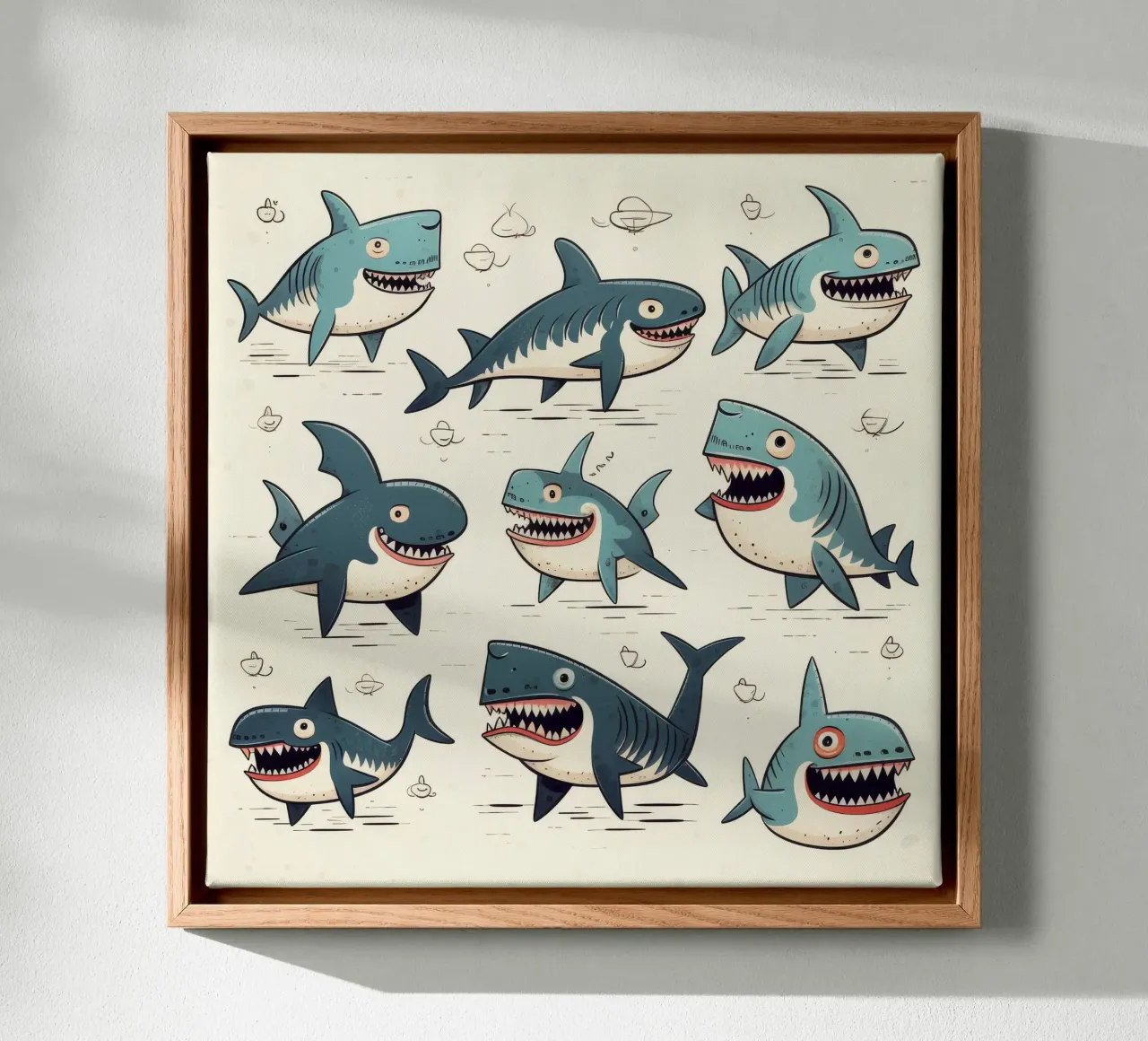 Pandilla Retro Shark lienzo con Marco flotante de Funny Animals