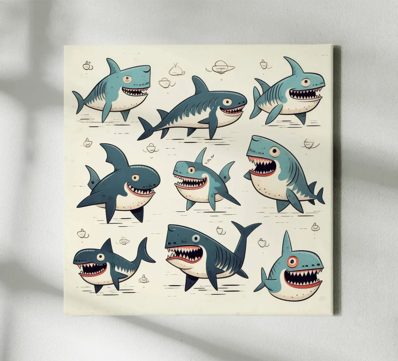 Pandilla Retro Shark lienzo con Marco flotante de Funny Animals