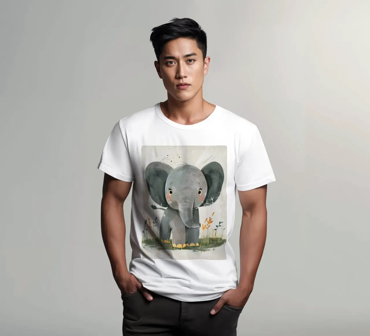 Gray Baby Elephant with Grass t-shirt by DesignDoodle