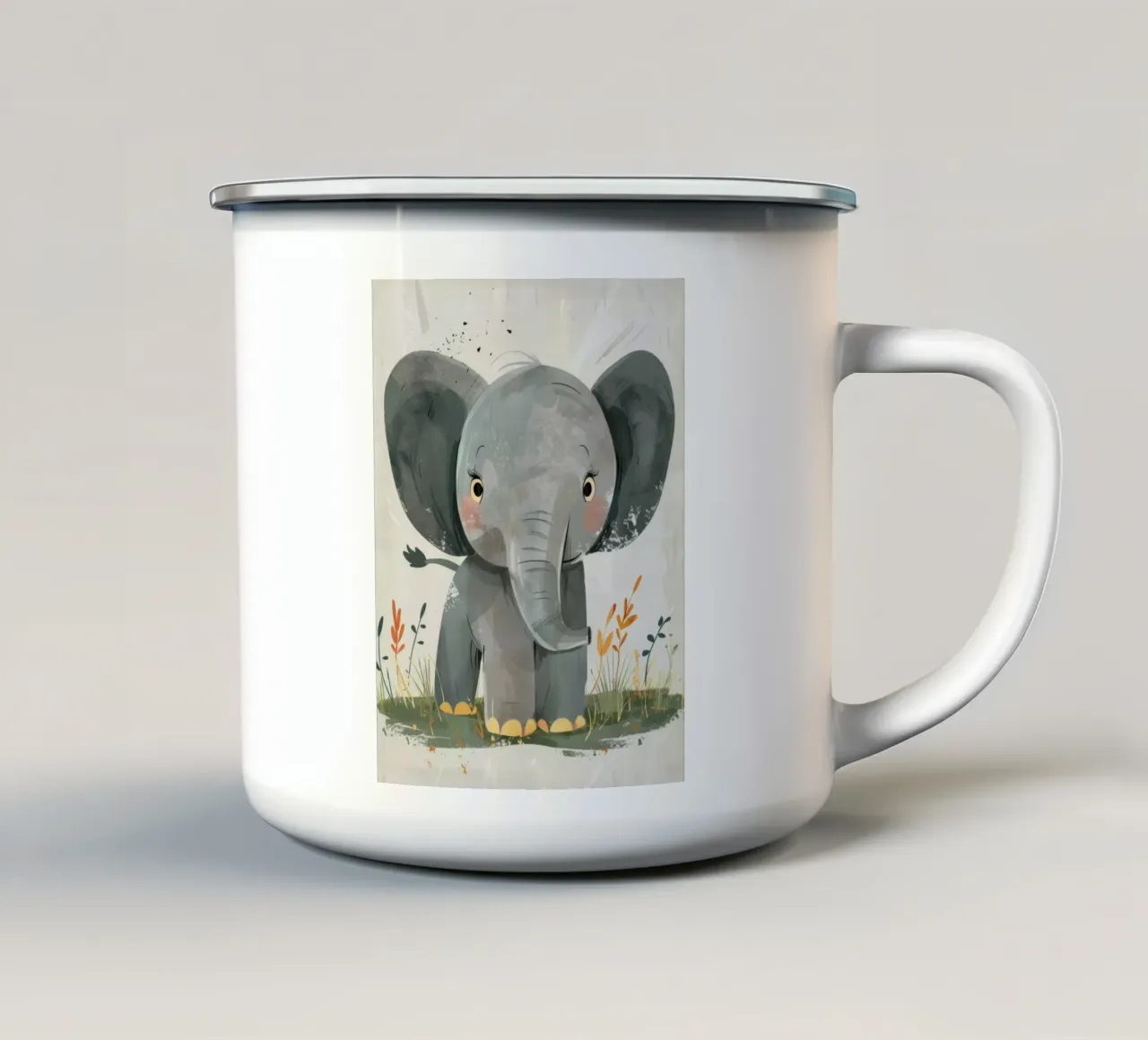 Elefante grigio con erba tazza in smalto da DesignDoodle