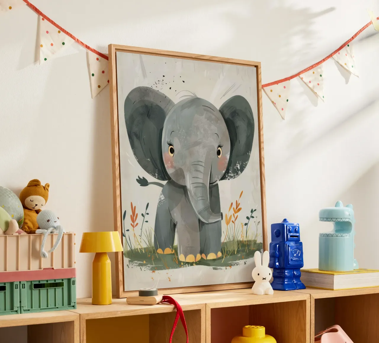 Gray Baby Elephant with Grass acrylic glass by DesignDoodle