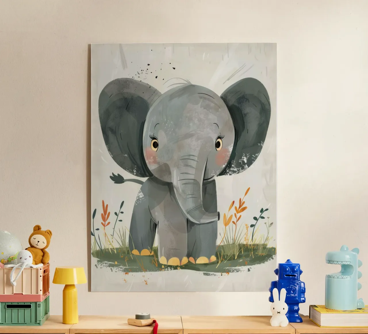 Gray Baby Elephant with Grass acrylic glass by DesignDoodle