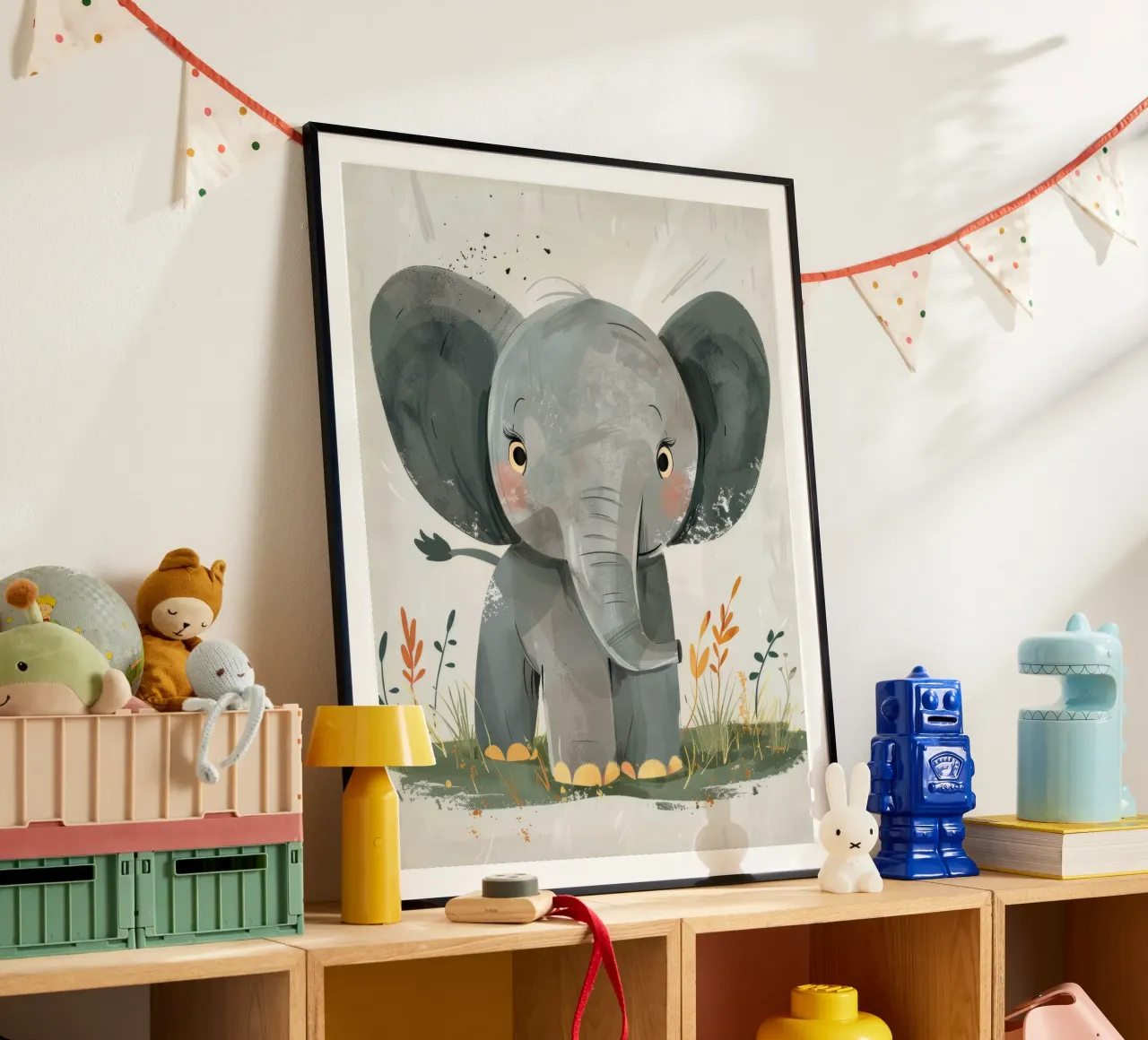 Gray Baby Elephant with Grass poster by DesignDoodle