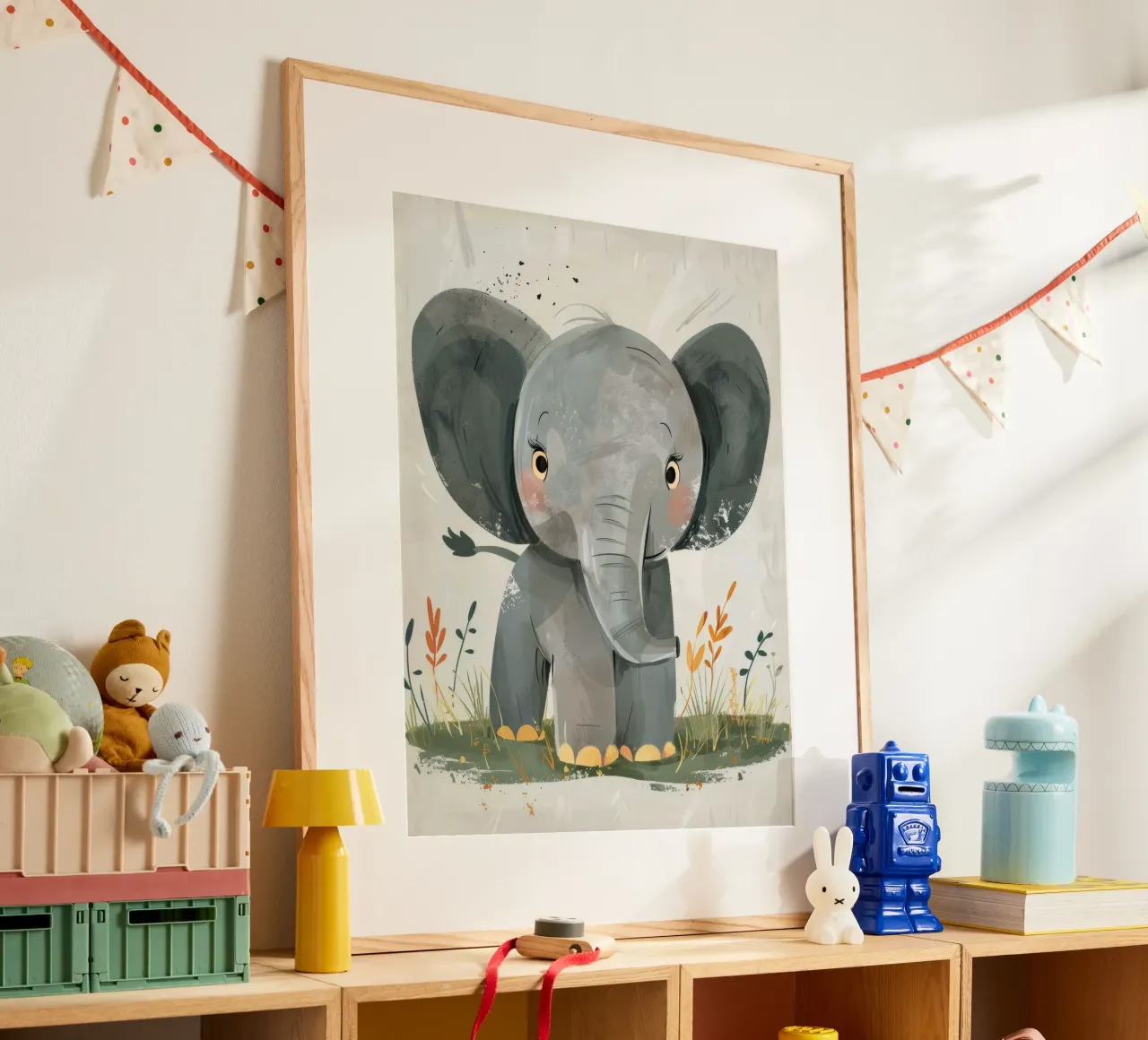 Gray Baby Elephant with Grass hahnemühle by DesignDoodle
