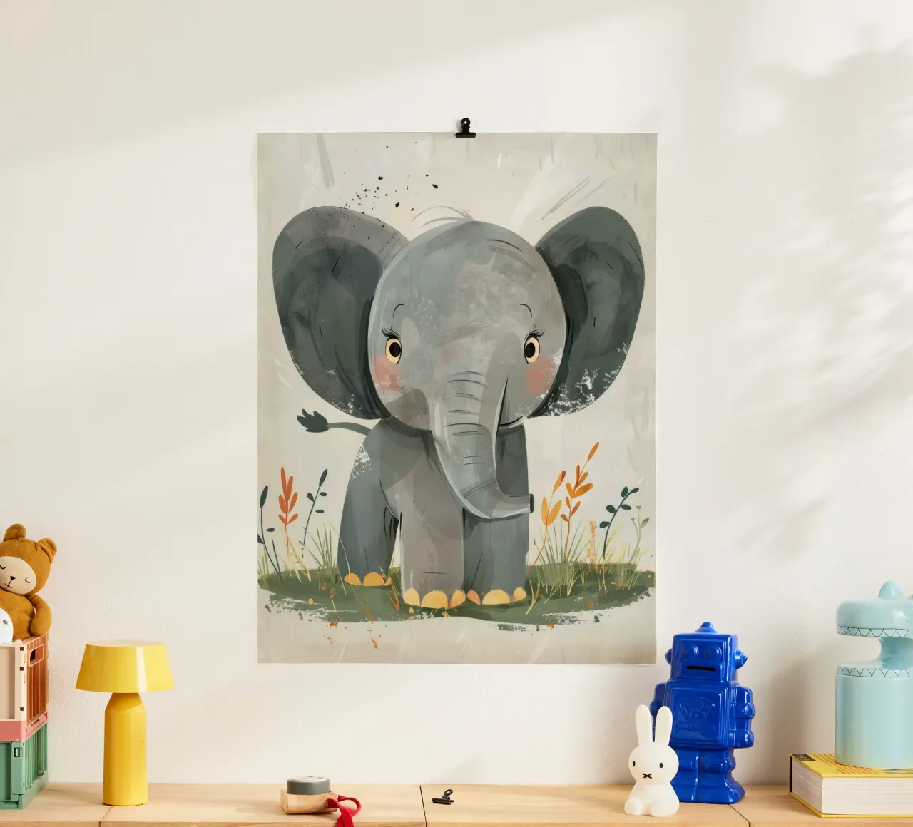 Gray Baby Elephant with Grass poster by DesignDoodle
