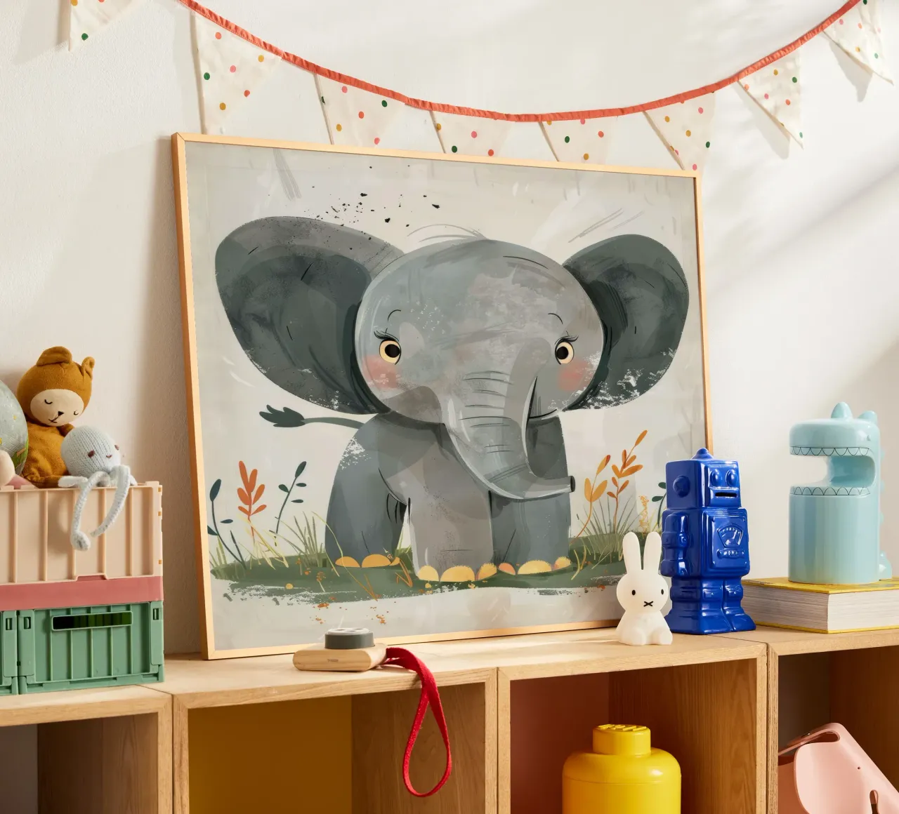 Gray Baby Elephant with Grass poster by DesignDoodle