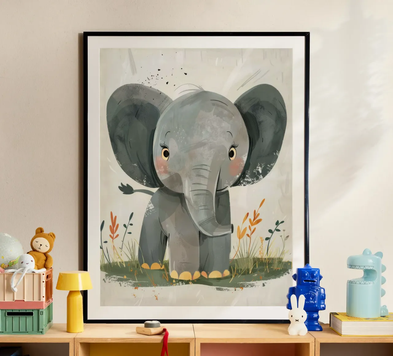 Gray Baby Elephant with Grass poster by DesignDoodle