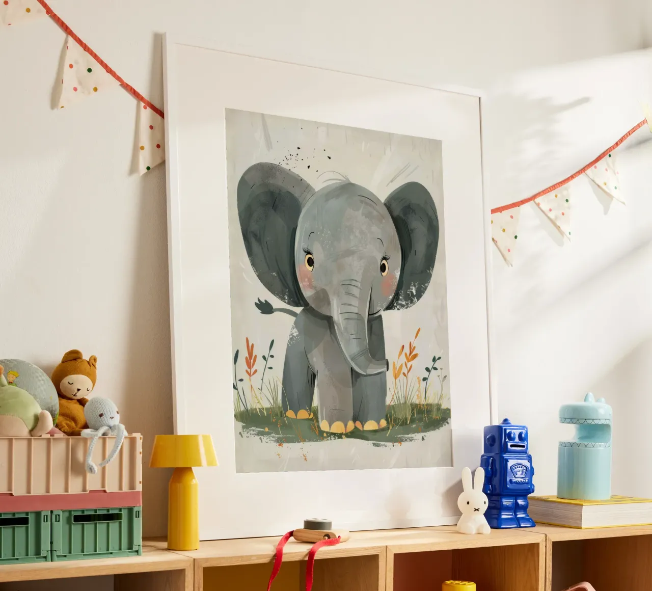 Gray Baby Elephant with Grass poster by DesignDoodle