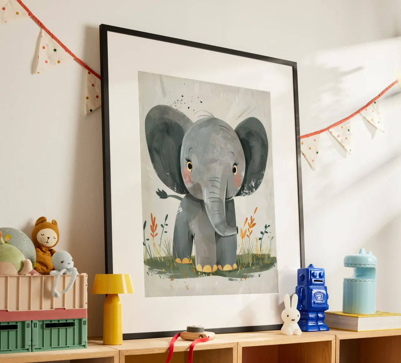 Gray Baby Elephant with Grass poster by DesignDoodle