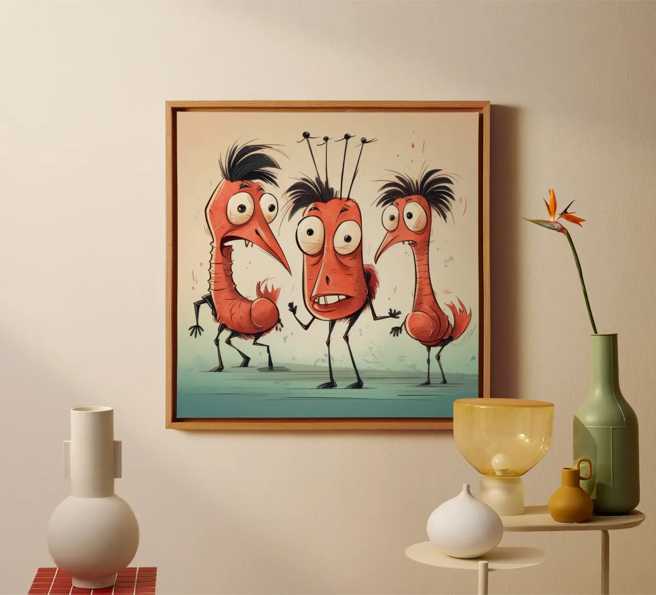 Pandilla de gambas retro lienzo con Marco flotante de Funny Animals
