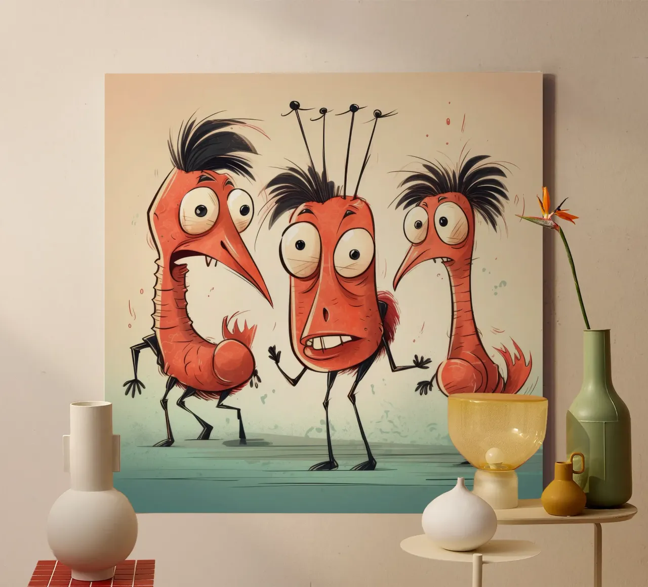 Pandilla de gambas retro lienzo con Marco flotante de Funny Animals