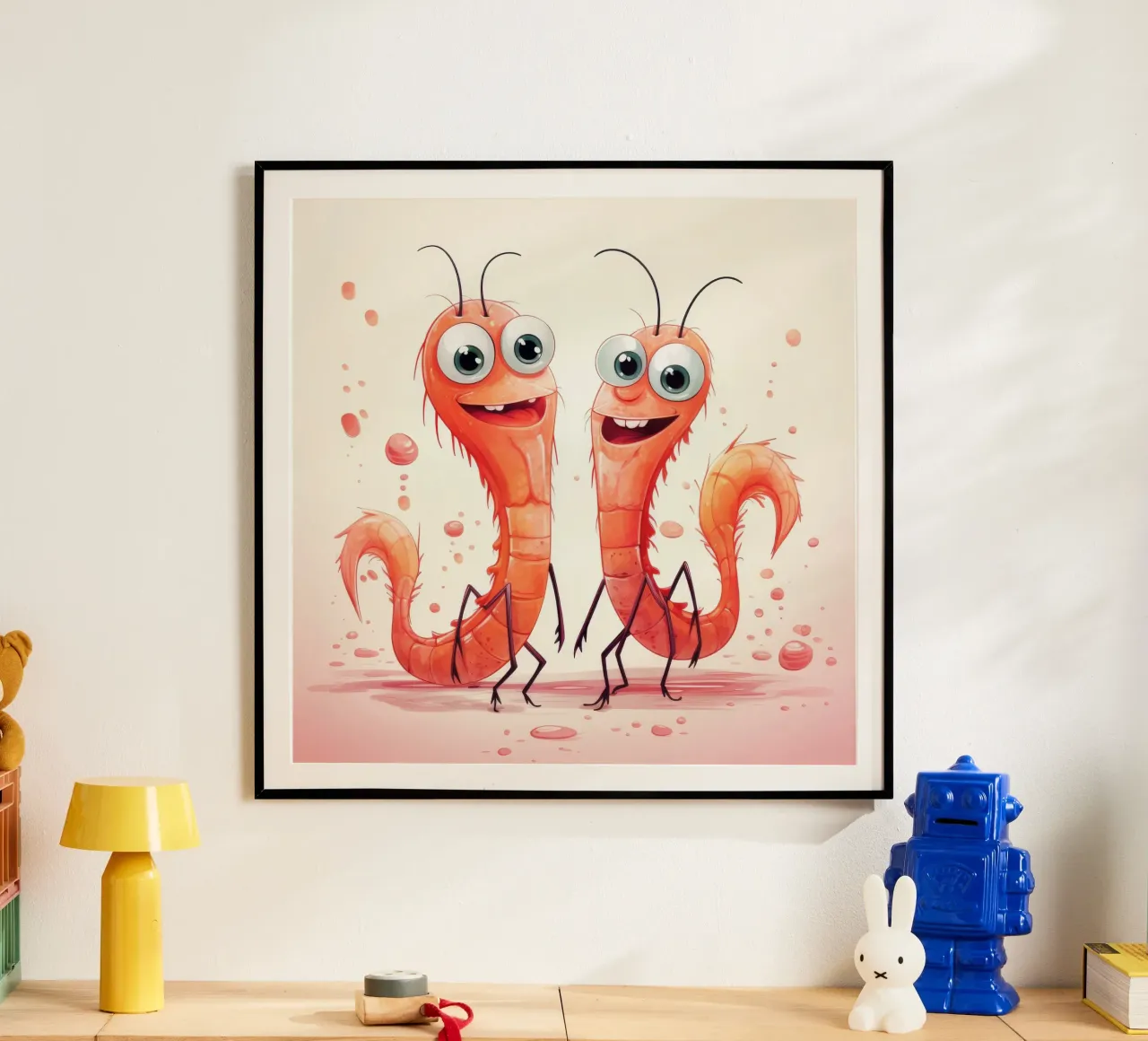 Retro Shrimp Duo poster with wooden frame by Funny Animals