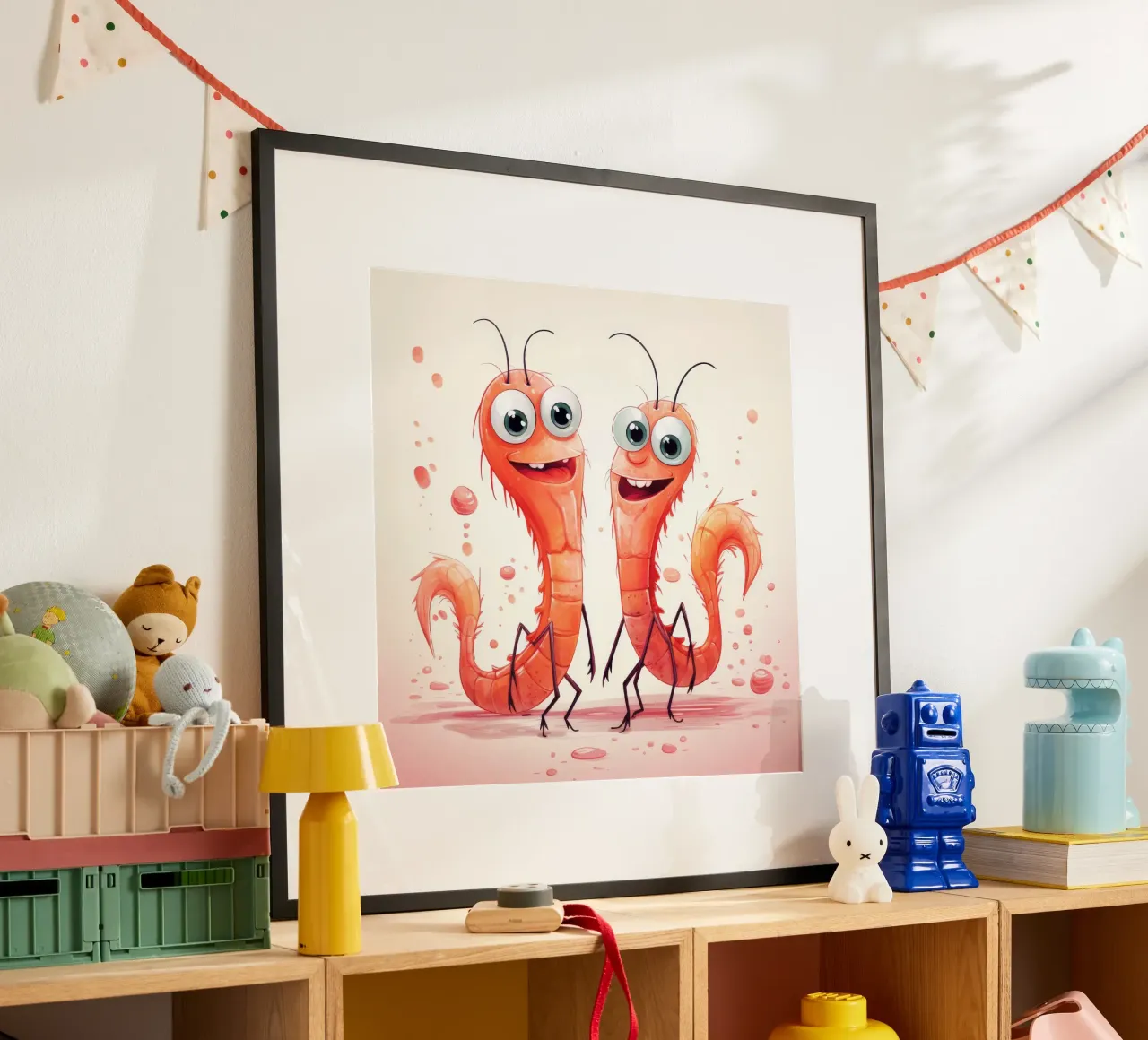 Retro Shrimp Duo poster with wooden frame by Funny Animals