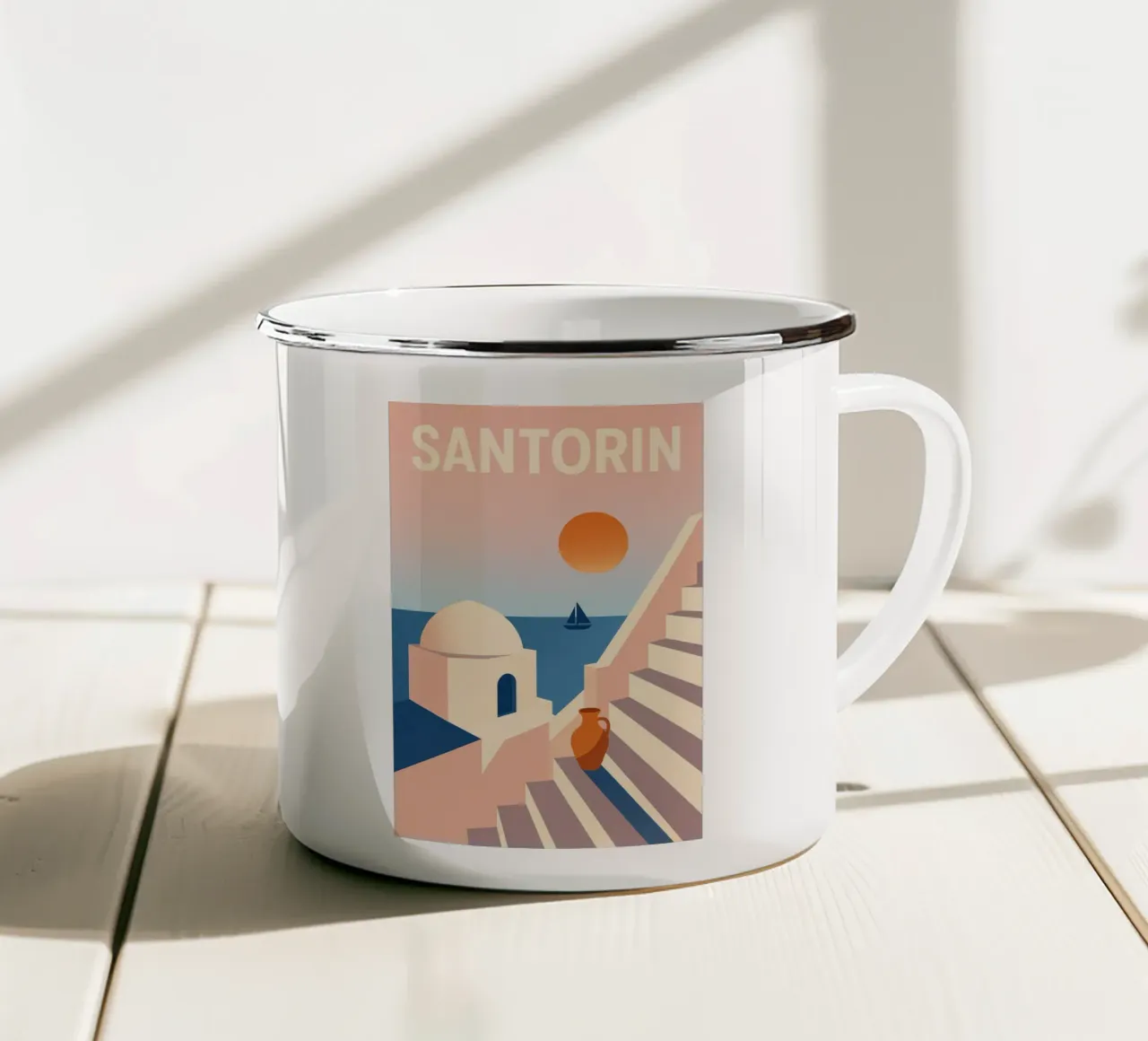 SANTORIN - I passi per la fuga tazza in smalto da JETLAG | affiches voyage