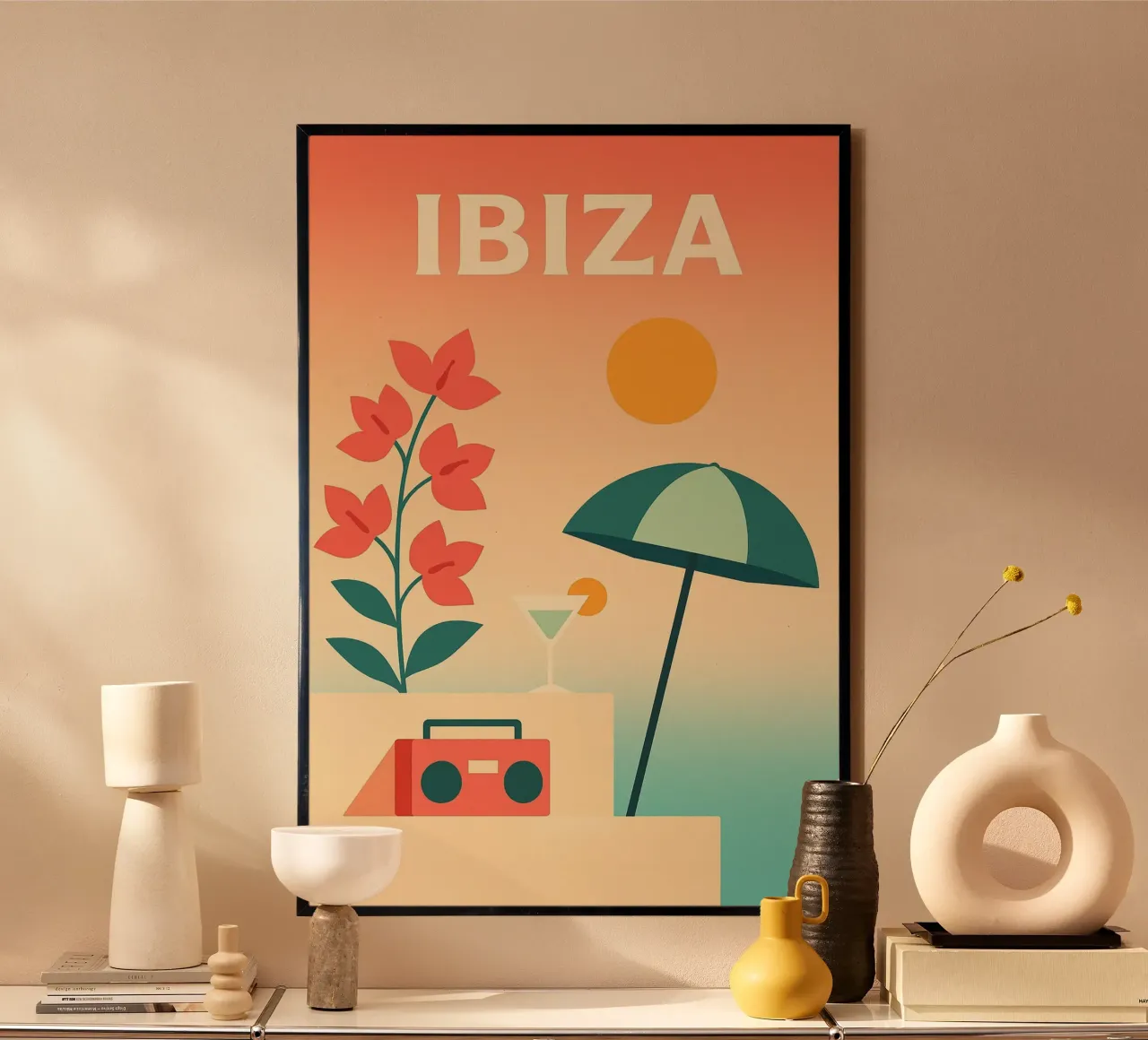 IBIZA - Fiesta, sole e fiori estivi poster con telaio in plastica da JETLAG | affiches voyage