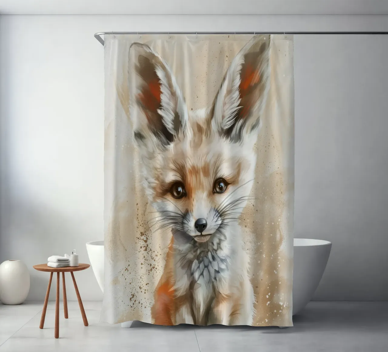 Simpatica volpe fennec con grandi orecchie e occhi espressivi tenda da doccia da DesignDoodle