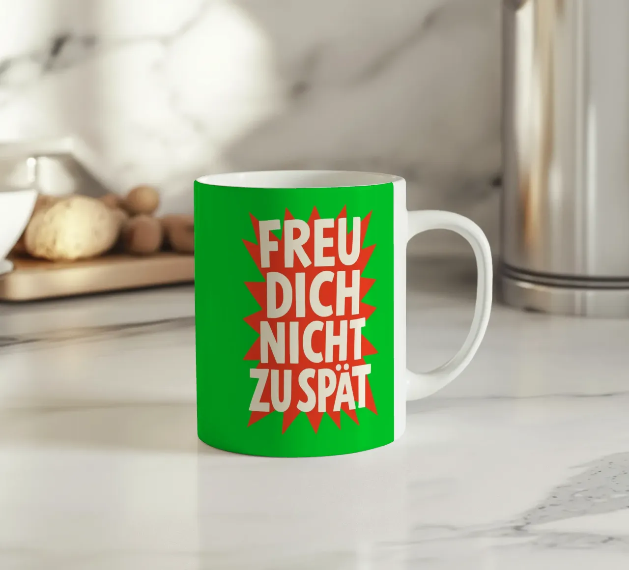 Freu dich nicht zu spät tazza in ceramica da QuooodZ by MooodzArt