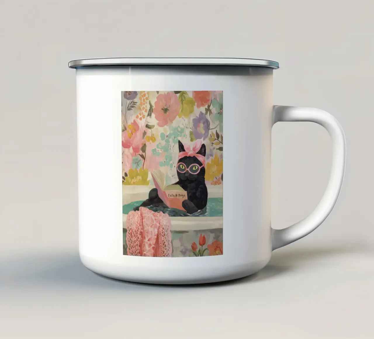 Benessere del gatto con un libro tazza in smalto da Carinaprint