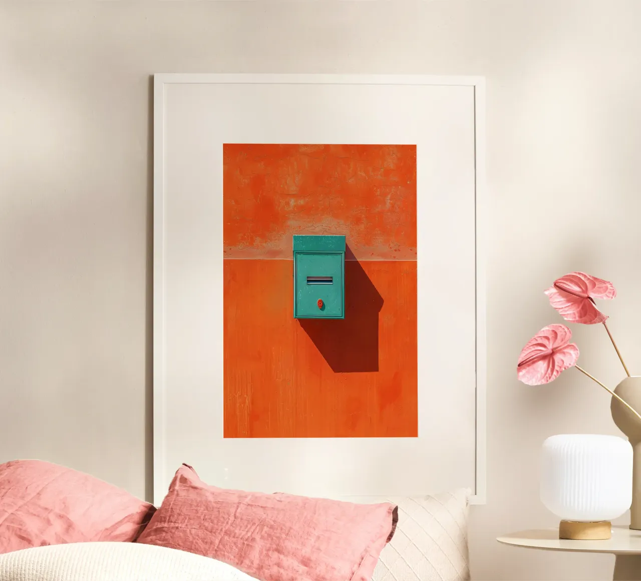 Teal Mailbox on Orange Wall poster con telaio in alluminio da Mosaic Dialogue