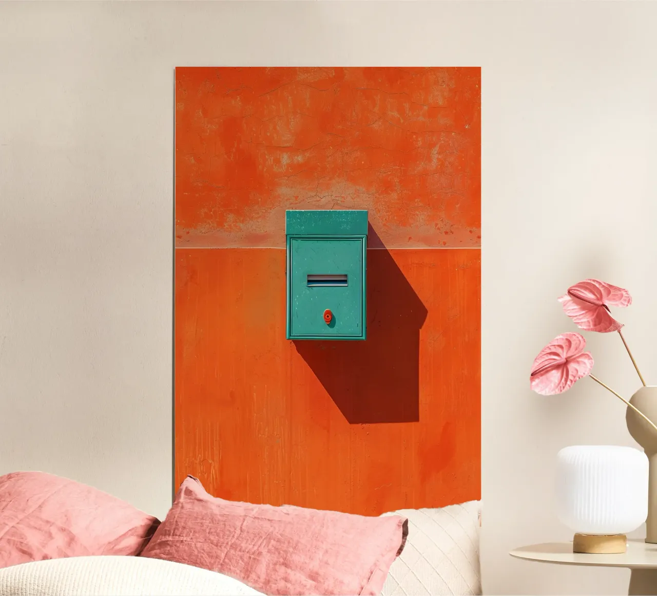 Teal Mailbox on Orange Wall poster con telaio in alluminio da Mosaic Dialogue