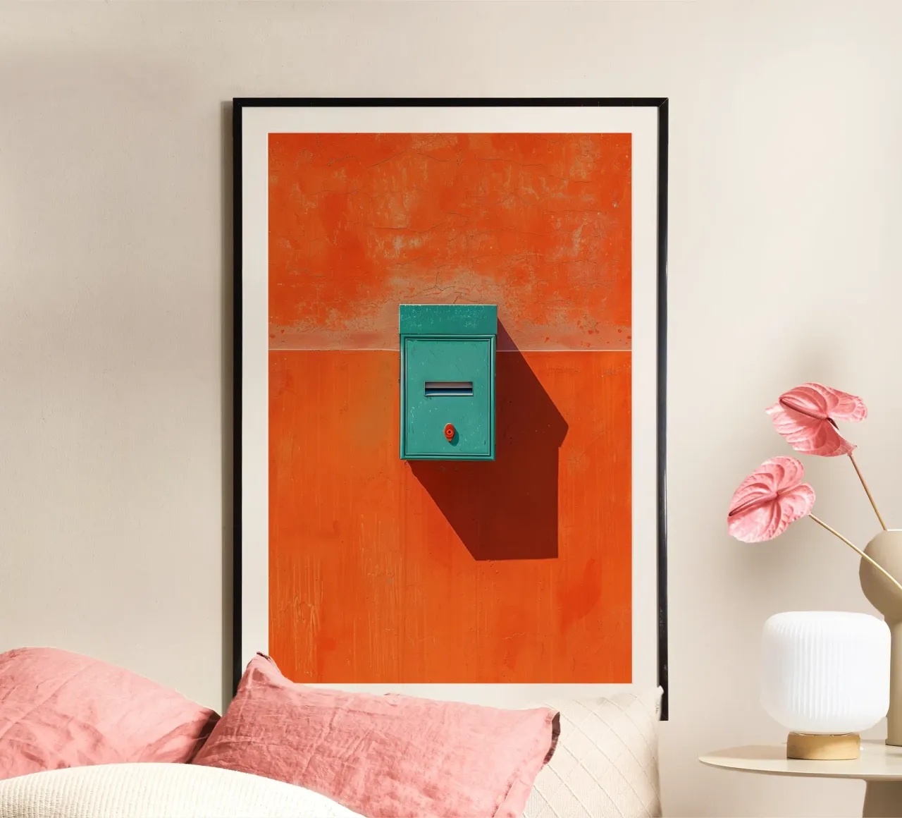 Teal Mailbox on Orange Wall poster con telaio in alluminio da Mosaic Dialogue