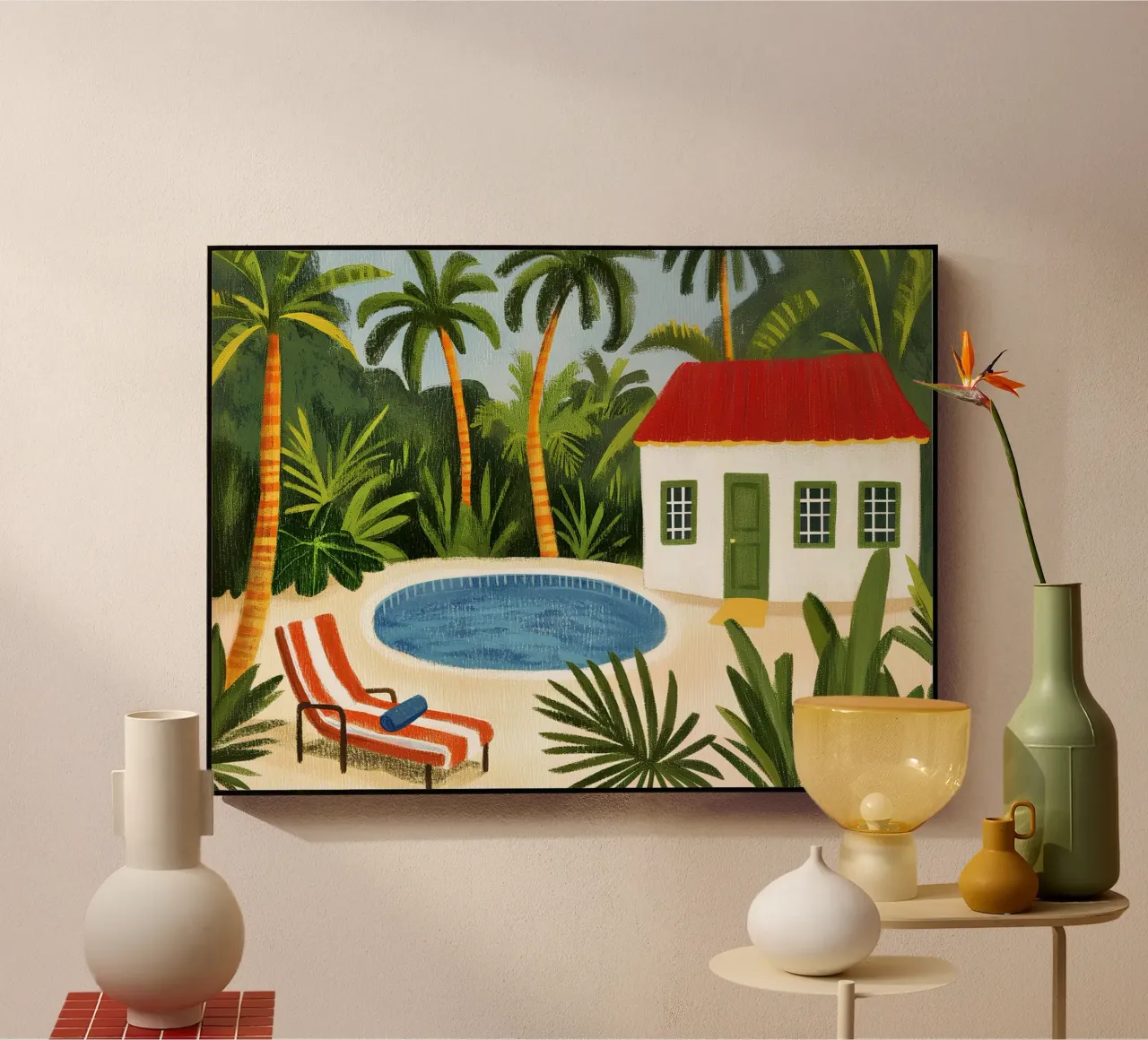 Bungalow with pool acrylic glass by Curious Canvas