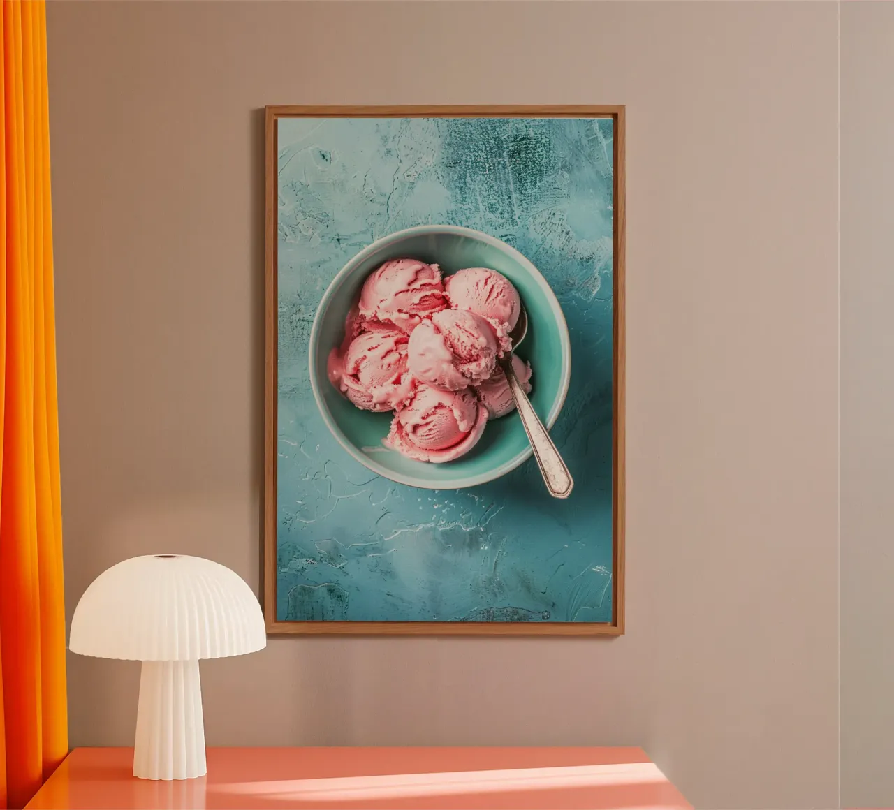 Strawberry Ice Cream Scoops in a Turquoise Bowl alluminio dibond da Mosaic Dialogue