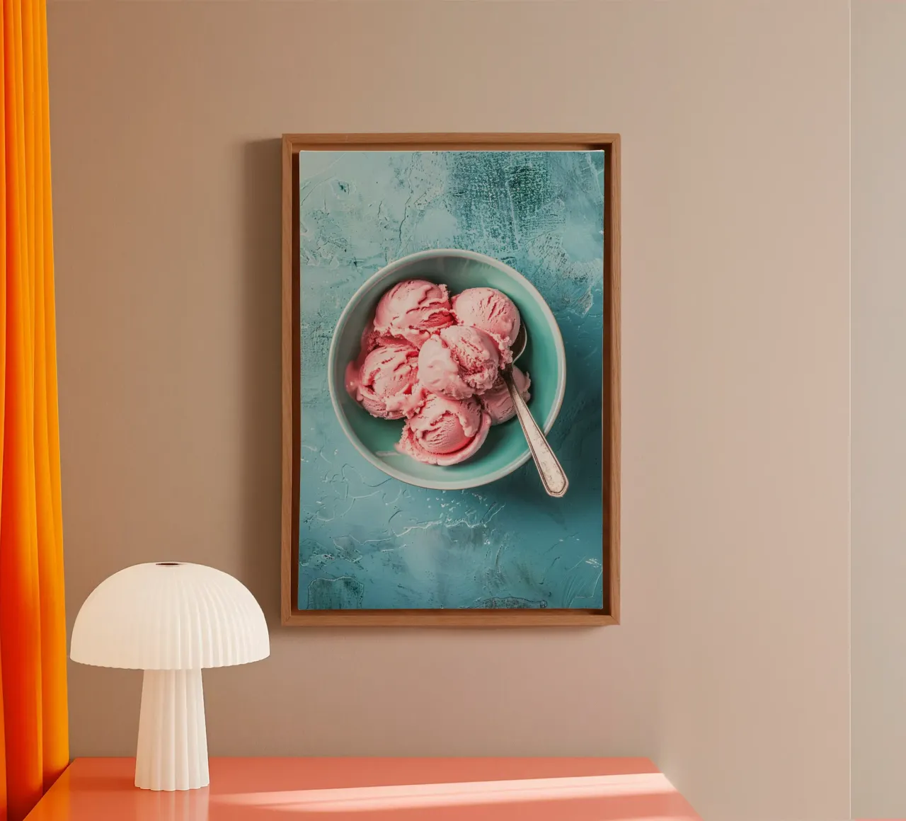 Strawberry Ice Cream Scoops in a Turquoise Bowl tela con Cornice a cassetta da Mosaic Dialogue