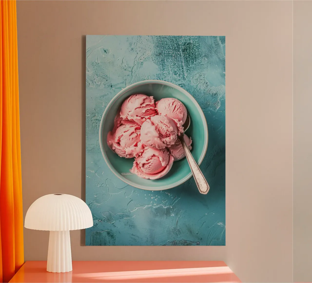 Strawberry Ice Cream Scoops in a Turquoise Bowl tela con Cornice a cassetta da Mosaic Dialogue