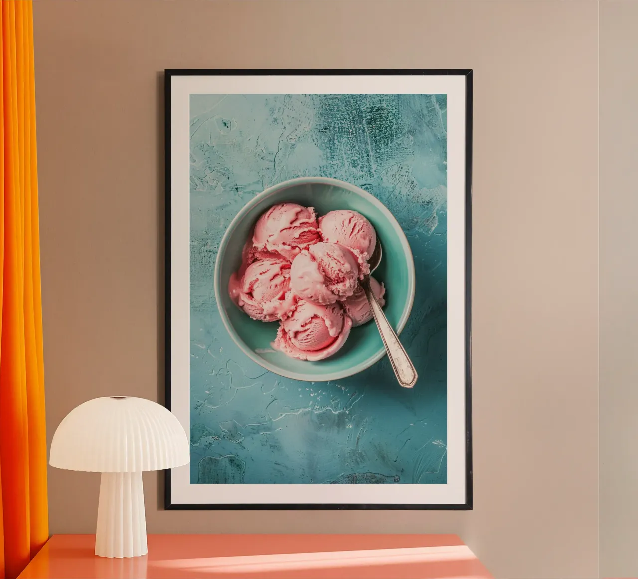 Strawberry Ice Cream Scoops in a Turquoise Bowl poster with plastic frame by Mosaic Dialogue