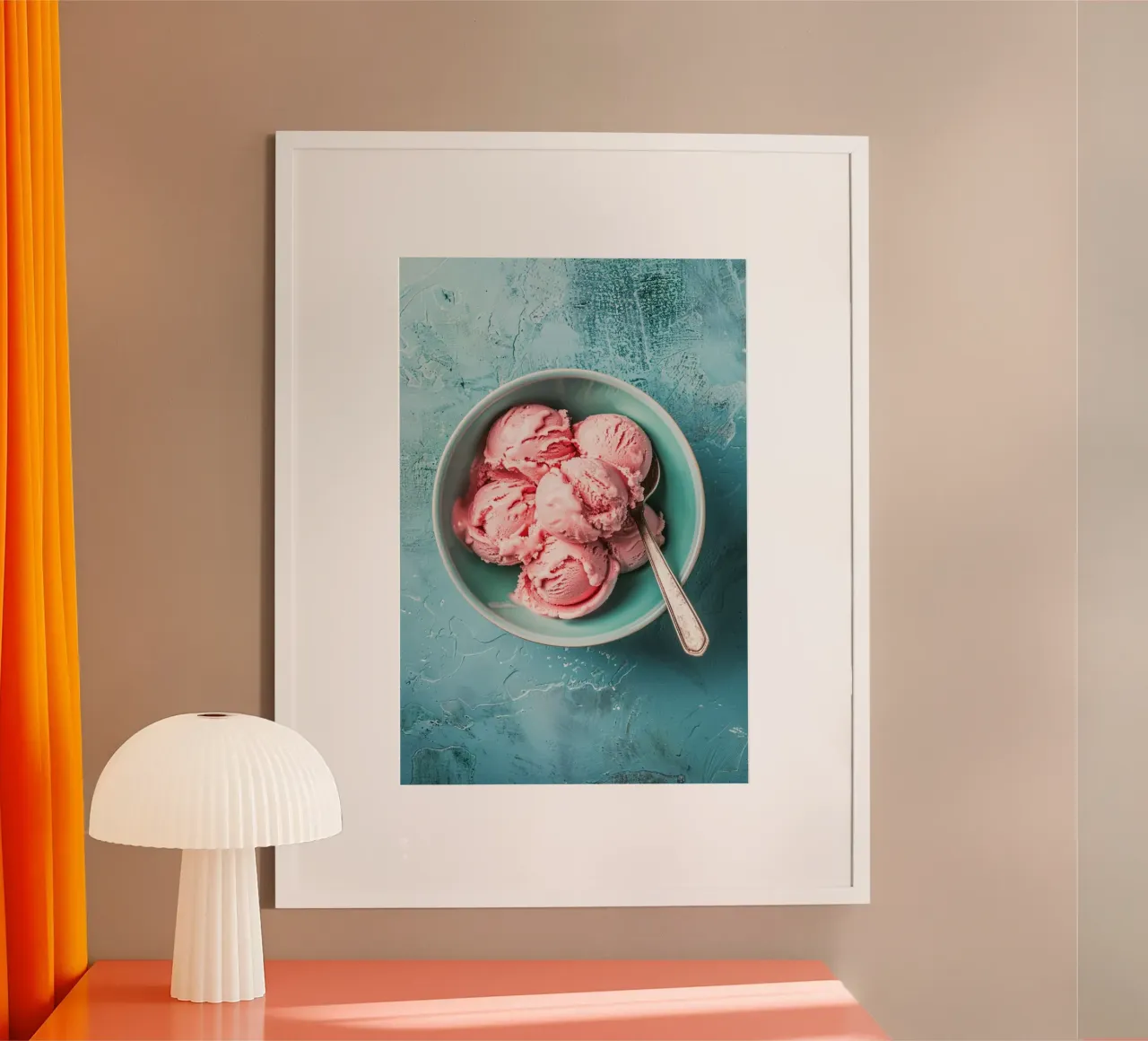 Strawberry Ice Cream Scoops in a Turquoise Bowl poster with plastic frame by Mosaic Dialogue