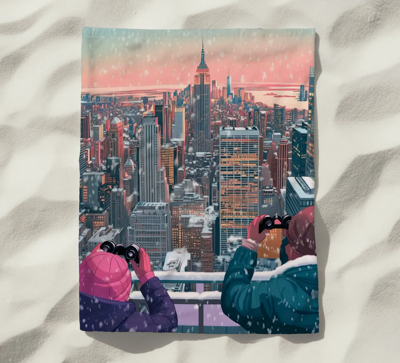 NYC Winter View: Empire State Building, Aesthetic Art Print beach towel by ClubArt