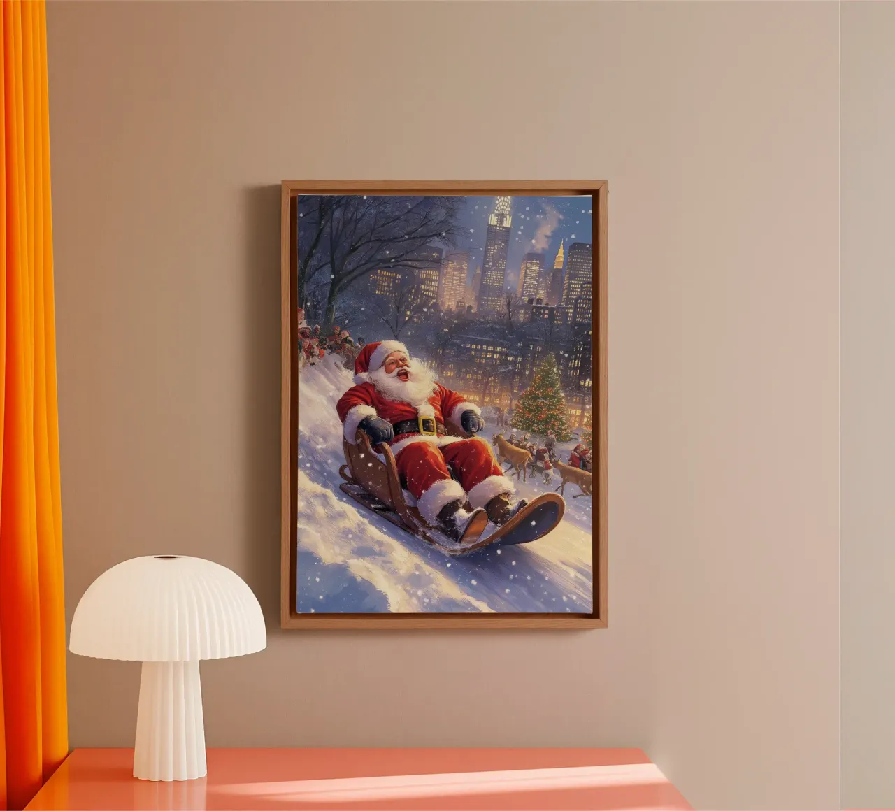 Kerstman sleeën in NYC: Kerst stedelijk wonderland kunst canvas met Baklijst van ClubArt