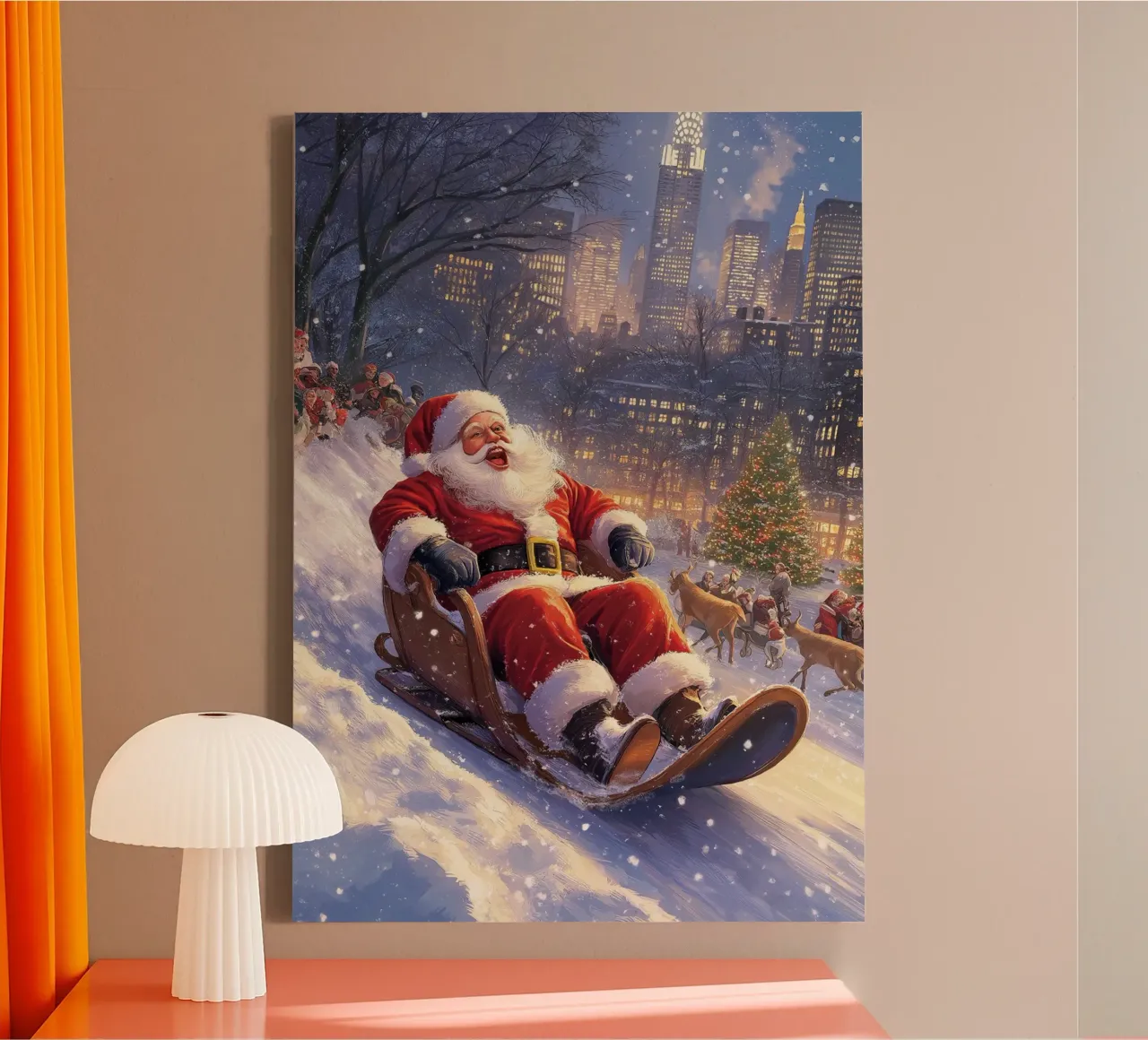 Kerstman sleeën in NYC: Kerst stedelijk wonderland kunst canvas met Baklijst van ClubArt