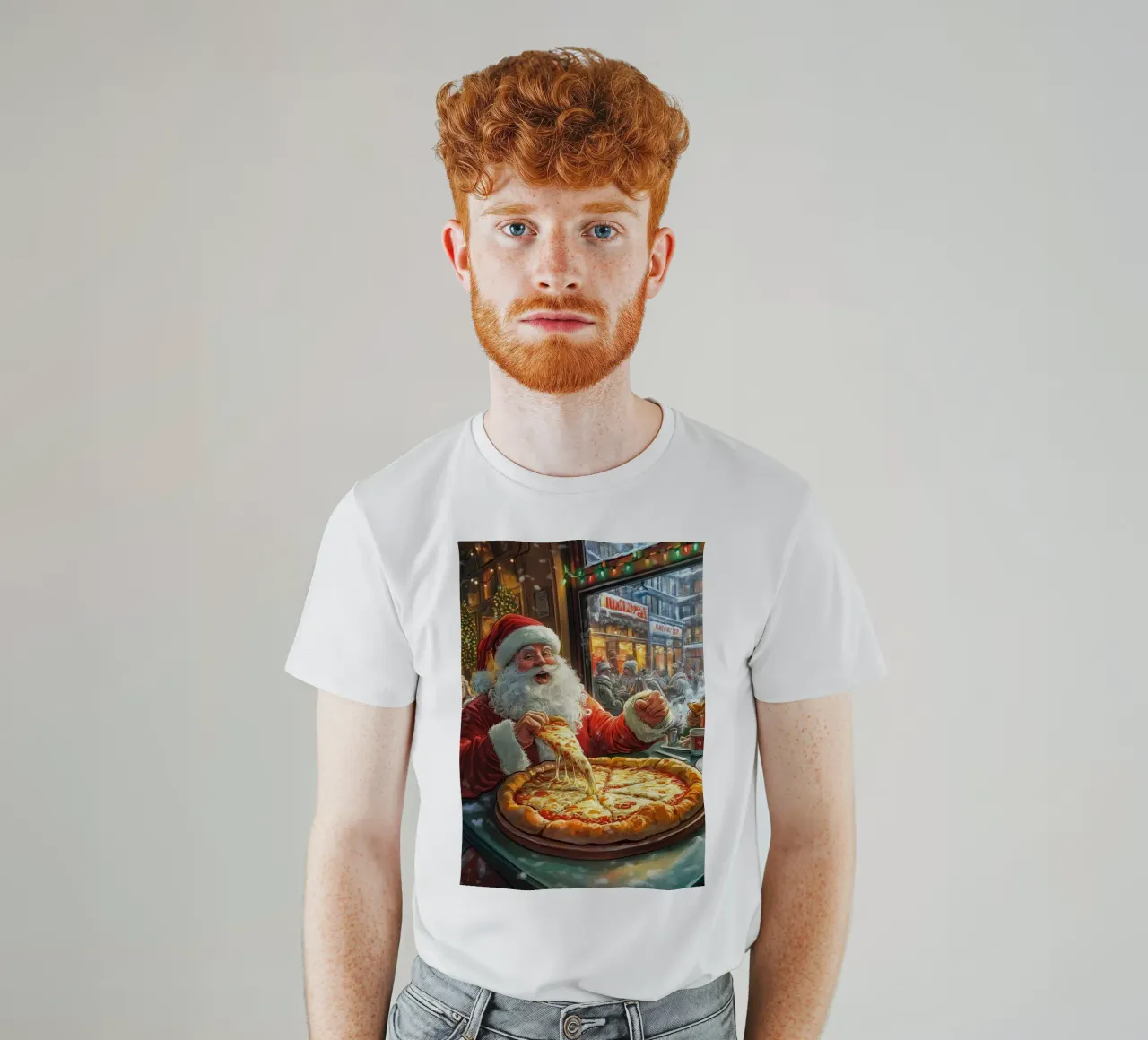 Kerstman eet pizza: Kerstmis Stedelijk Genot Kunstdruk t-shirt van ClubArt