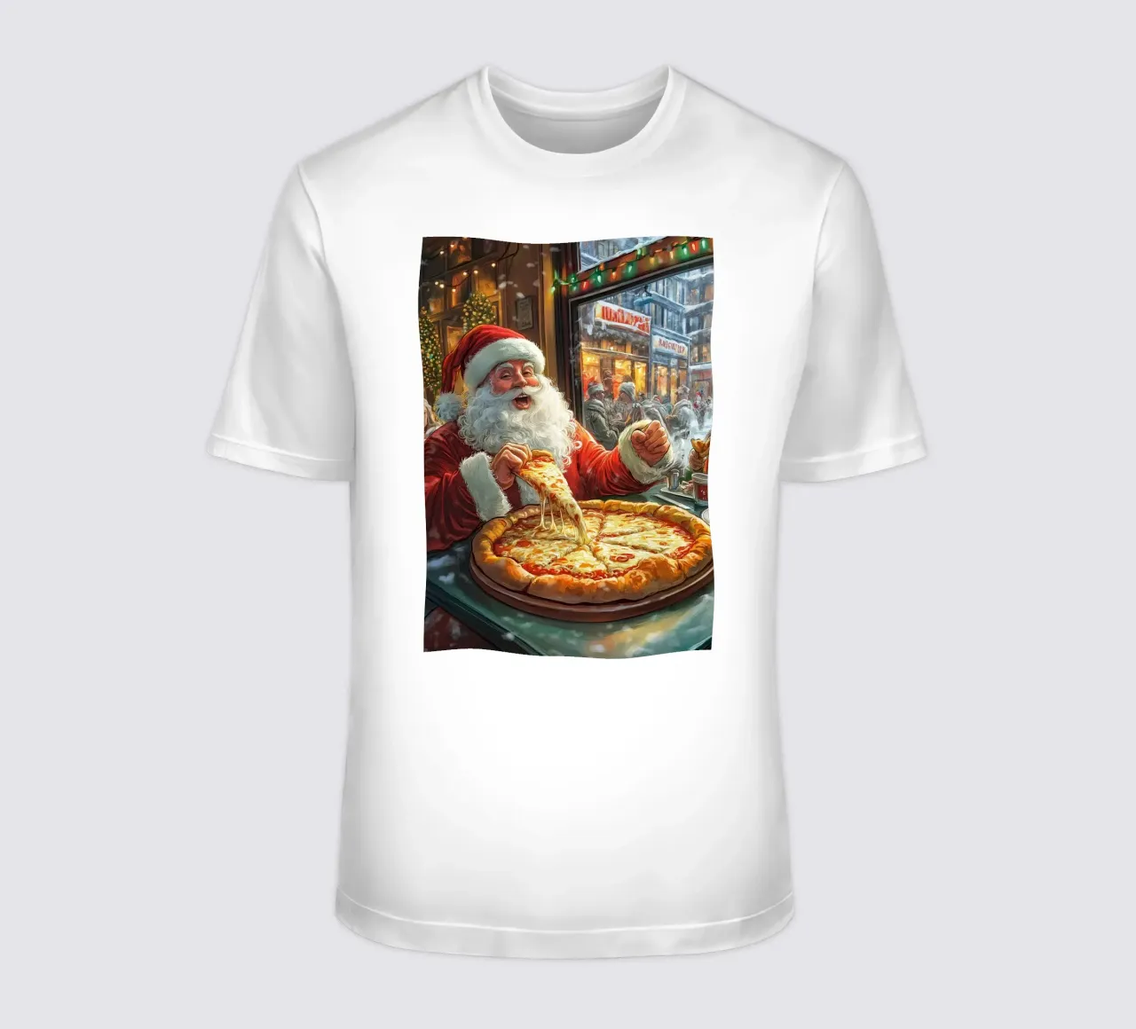 Kerstman eet pizza: Kerstmis Stedelijk Genot Kunstdruk t-shirt van ClubArt