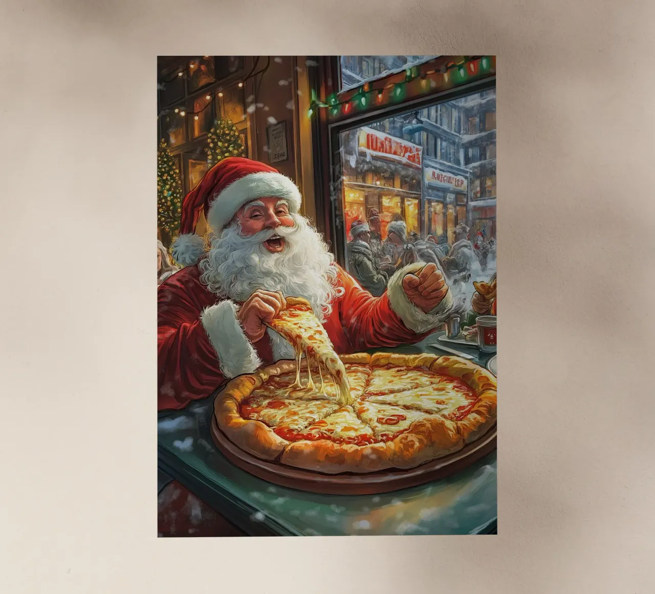 Kerstman eet pizza: Kerstmis Stedelijk Genot Kunstdruk backlit folie van ClubArt