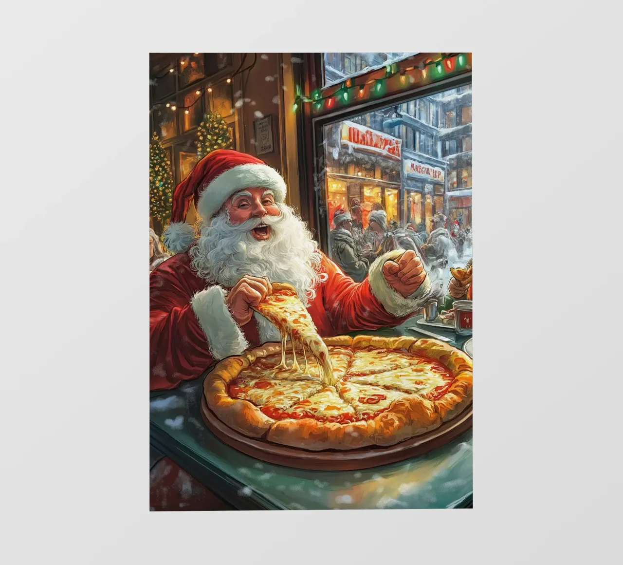 Kerstman eet pizza: Kerstmis Stedelijk Genot Kunstdruk backlit folie van ClubArt