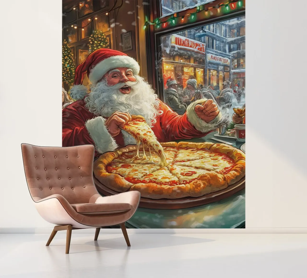 Der Weihnachtsmann isst Pizza: Weihnachten Urban Delight Kunstdruck Fototapete von ClubArt