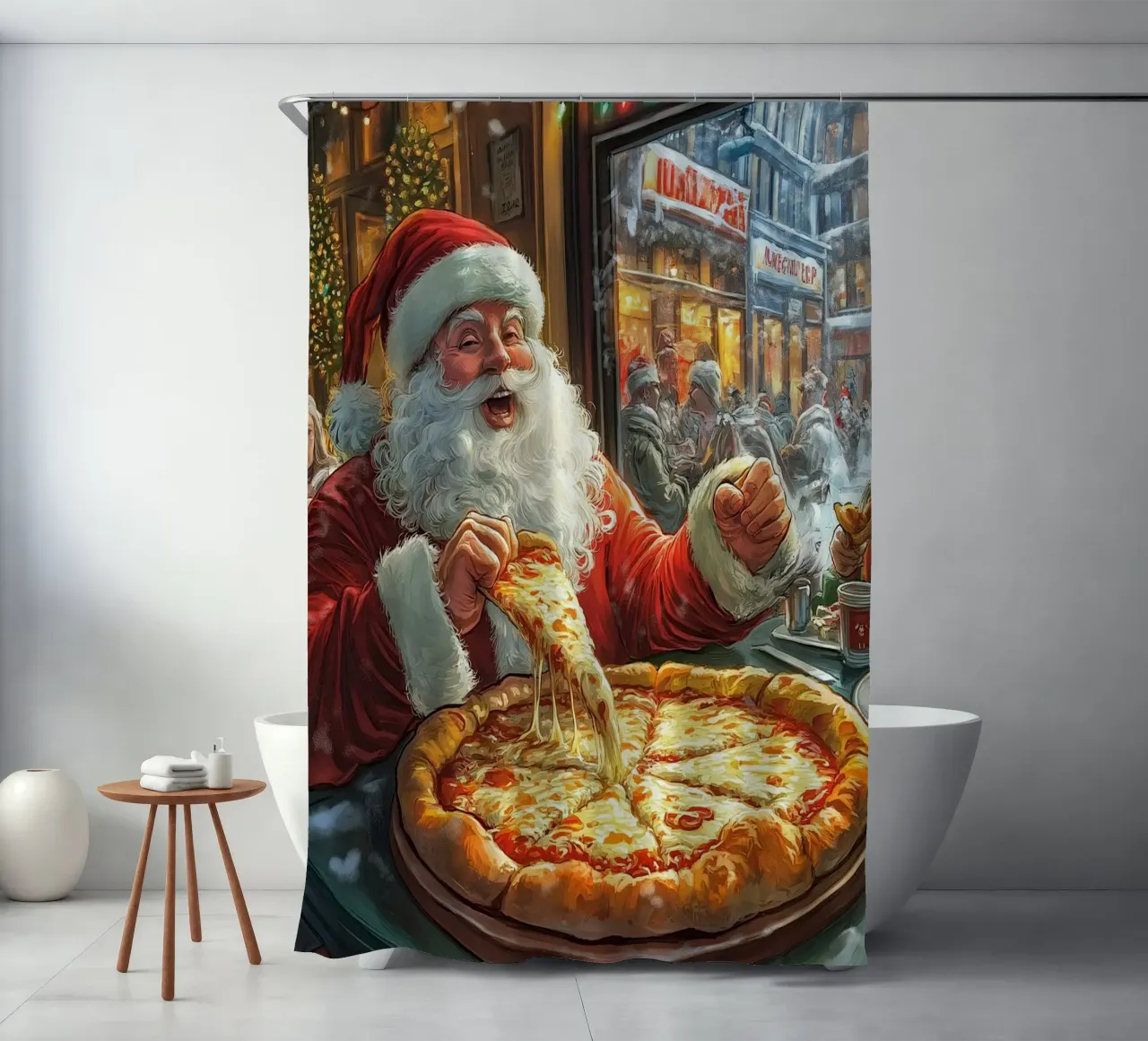 Kerstman eet pizza: Kerstmis Stedelijk Genot Kunstdruk douchegordijn van ClubArt
